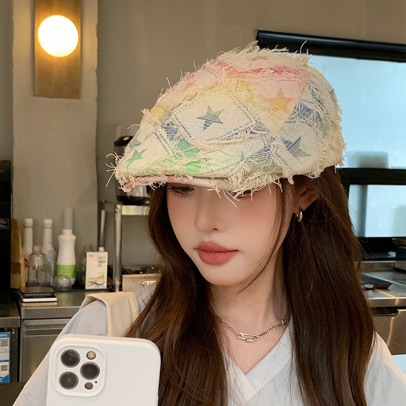 Colorful Plaid Five-Pointed Star Distressed Edging Beret