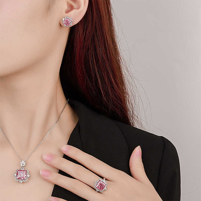 Pink Shiny Stone Necklace With Earrings Set - Image 6