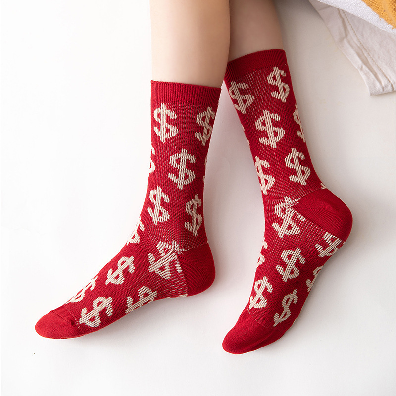 Women Middle Pure Cotton Tube Red Socks