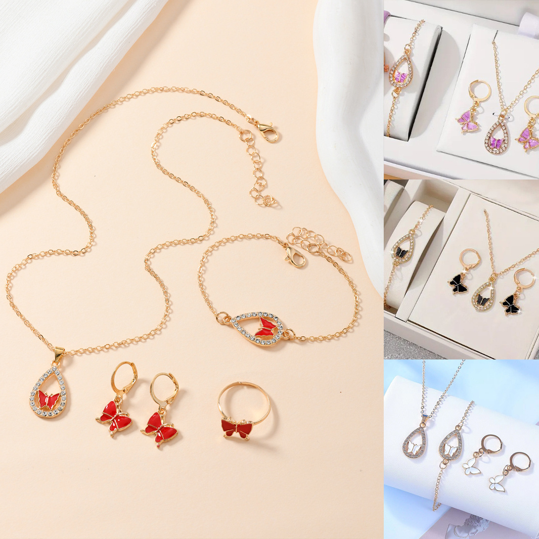4PCS Luxury Butterfly Drop Oil Necklace Set