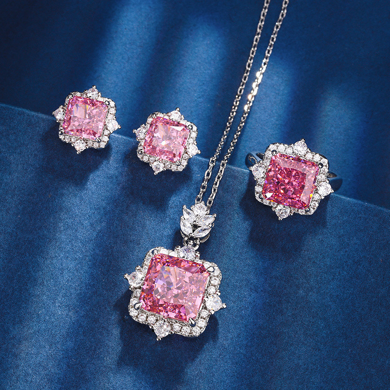 Pink Shiny Stone Necklace With Earrings Set