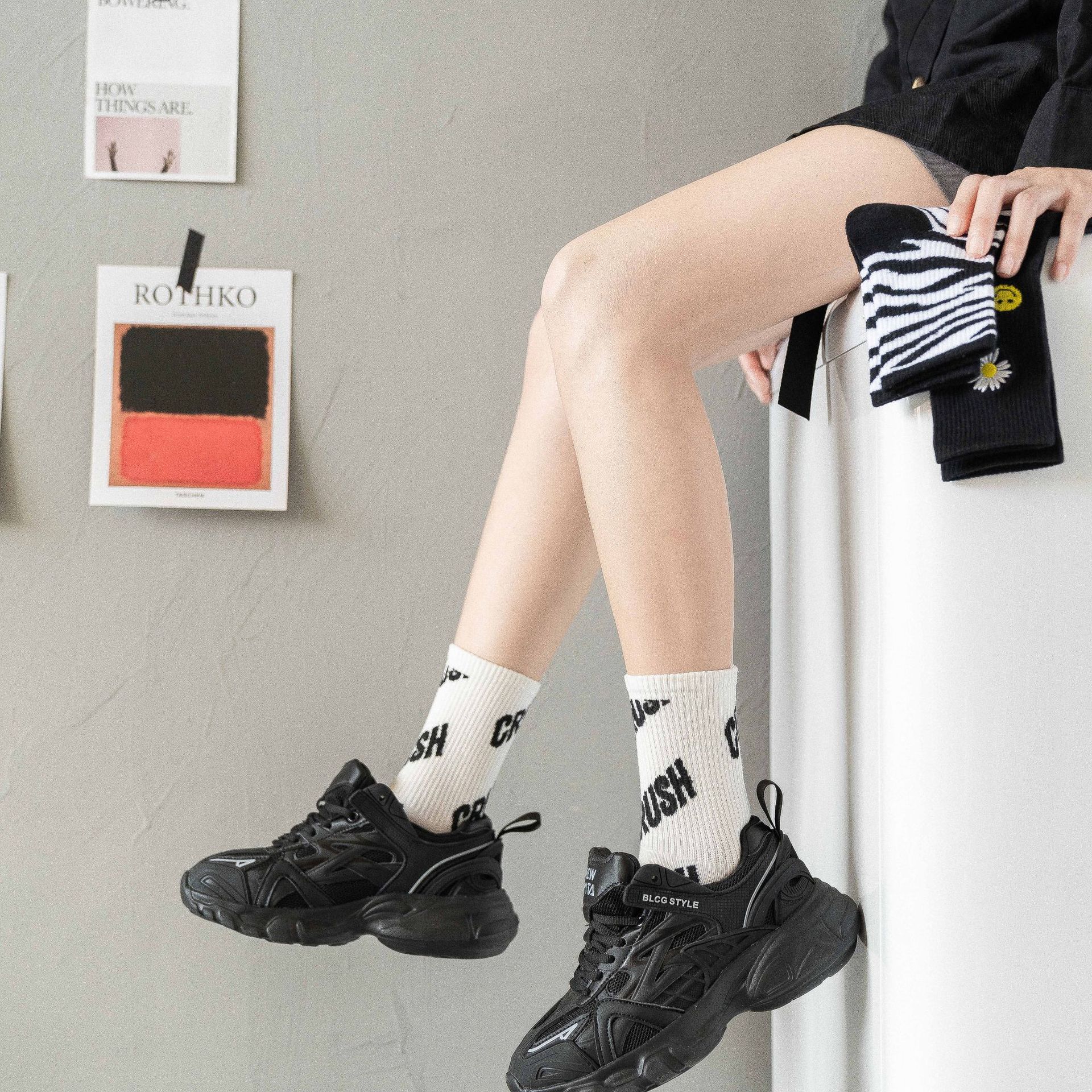B&W Embroidered Planet Athletic Socks - Image 4