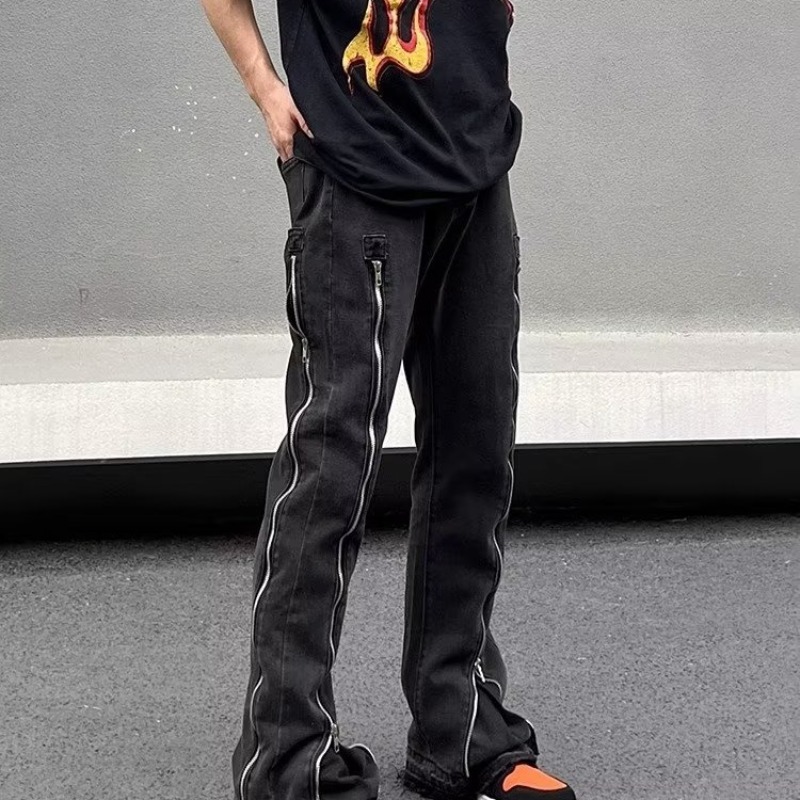 Casual Zipper Black Straight Flared Trousers